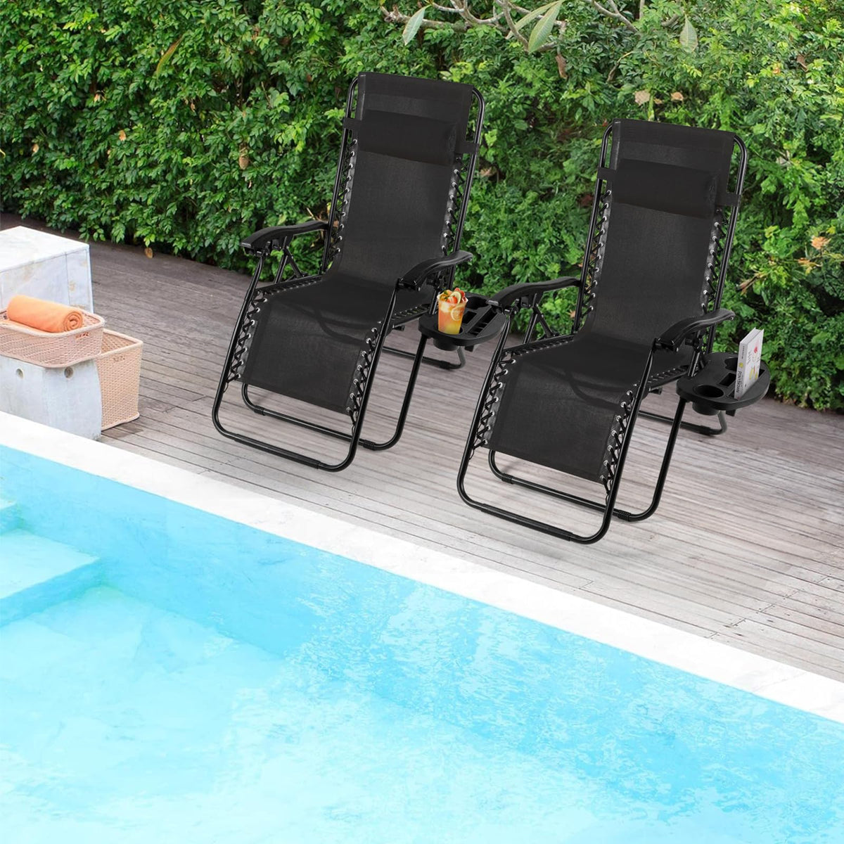 TLSUNNY Zero Gravity Chair Set of 2, Outdoor Folding Lounge W/Detachable Headrest & Holder Tray, Adjustable Textilene Lawn Reclining, No Assembly Required, for Patio, Garden, 330LBS (1, Black)
