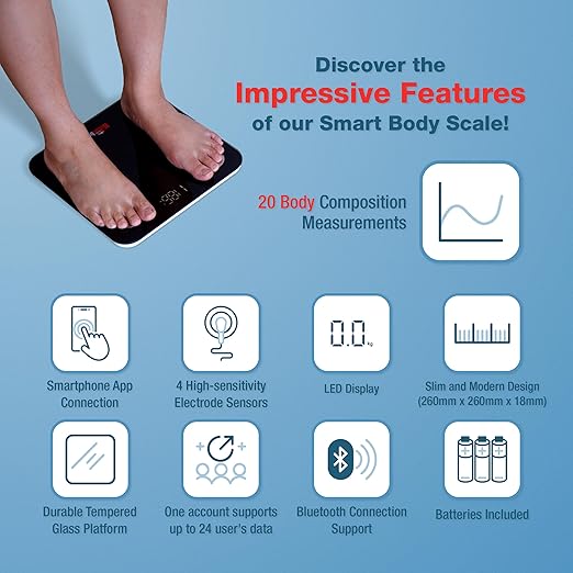 Smart Digital Body Scale – Detects 20 Body Composition Metrics Including Weight, BMI, Body Fat, and Much More – Connects to Smartphone App – Supports 8 Users – Digital Family Scale