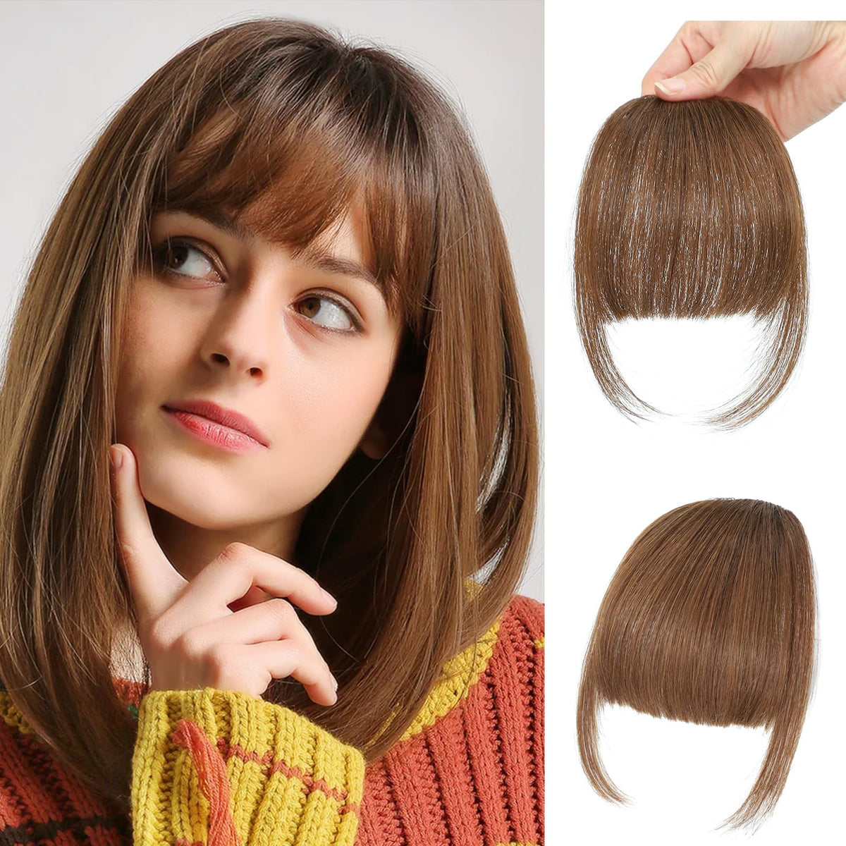 GHDXIWEYU Women 100% Real Human Hair Clip in Bangs, Natural Curtain Faux Wispy Bangs Hair Clip on Bangs Light Brown Fake Bangs