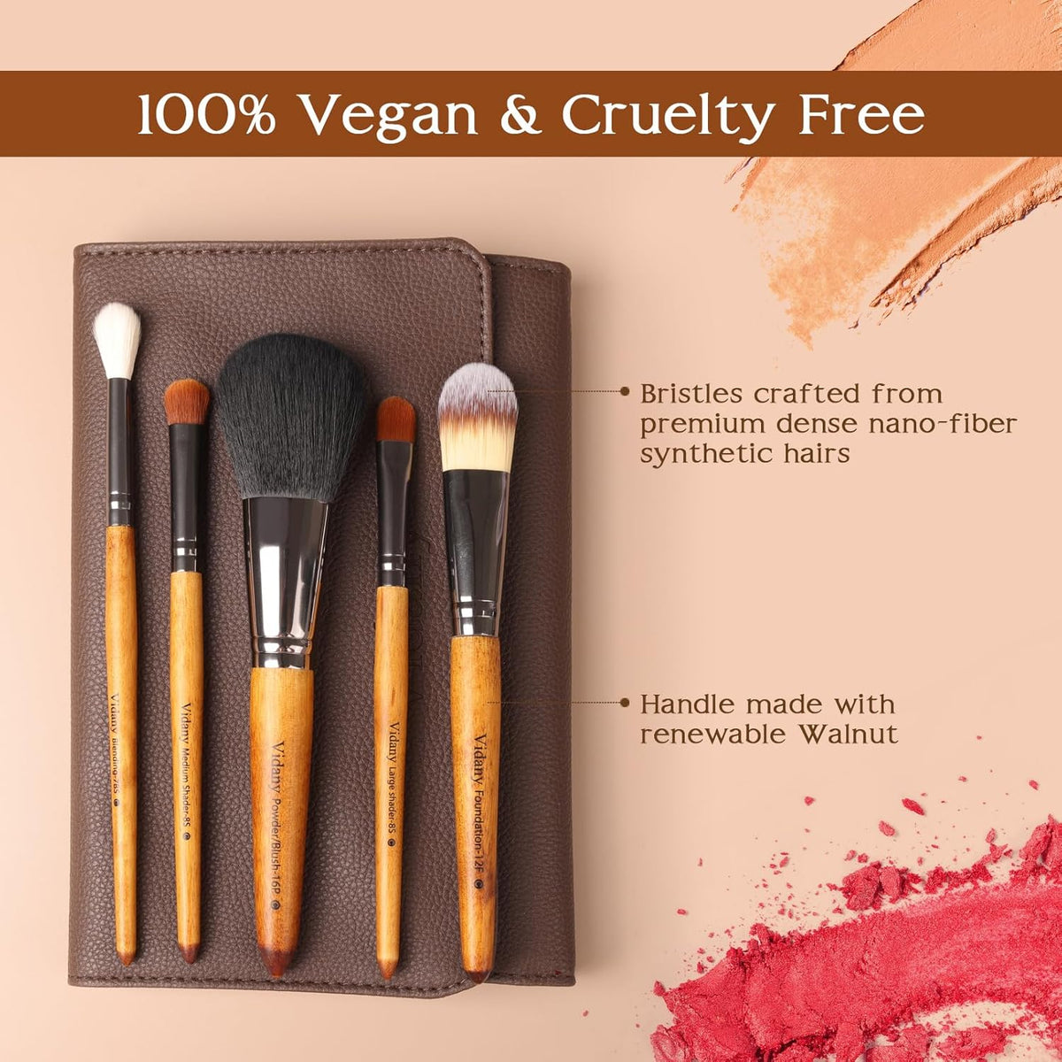 Makeup Brush Set,15pcs Walnut Wooden Makeup Brushes With Leather Button Bag, Professional Makeup Brushes For Foundation Concealer Kabuki Blush Eyeliner Shadow Brow, Makeup Brush Sets & Kits