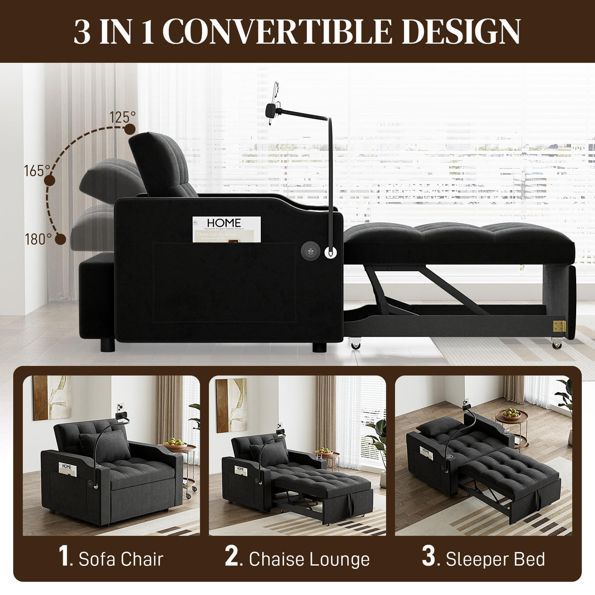 Wrofly 3 in 1 Single Sleeper Sofa Chair with Pullout Bed, Convertible Pull Out Couch with Adjustable Backrest, Modern Chaise Lounge with USB Port for Living Room, Small Spaces, Black Velvet