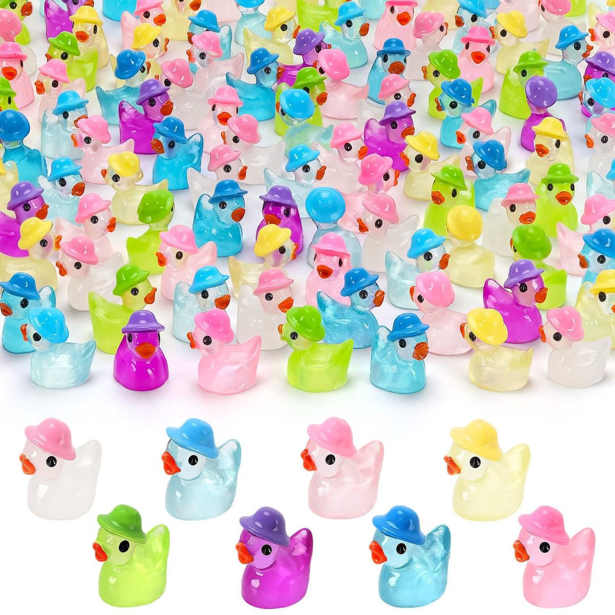 VICROIC 100 PCS Luminous Mini Resin Ducks, Tiny Miniature Duck Figures Wearing Hat Glow in The Dark for Dollhouse, Garden, Micro Landscape, Home Outdoor Party, Aquarium Decor