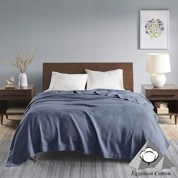 Madison Park Soft Certified 100% Egyptian Cotton Breathable Cozy Blanket, Premium Waffle Knit Classic Design, Luxury All Season Lightweight Cover for Bed, Couch and Sofa, Blue King(108"x90")
