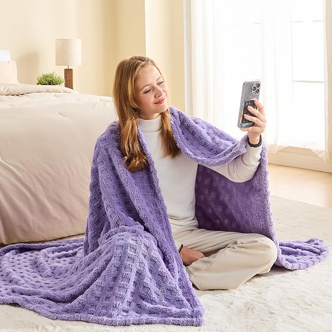 NEWCOSPLAY Super Soft Throw Blanket Lavender Premium Silky Flannel Fleece 3D Waffle Checkered Lightweight Bed Blanket All Season Use (Lavender, Throw(50"x70"))