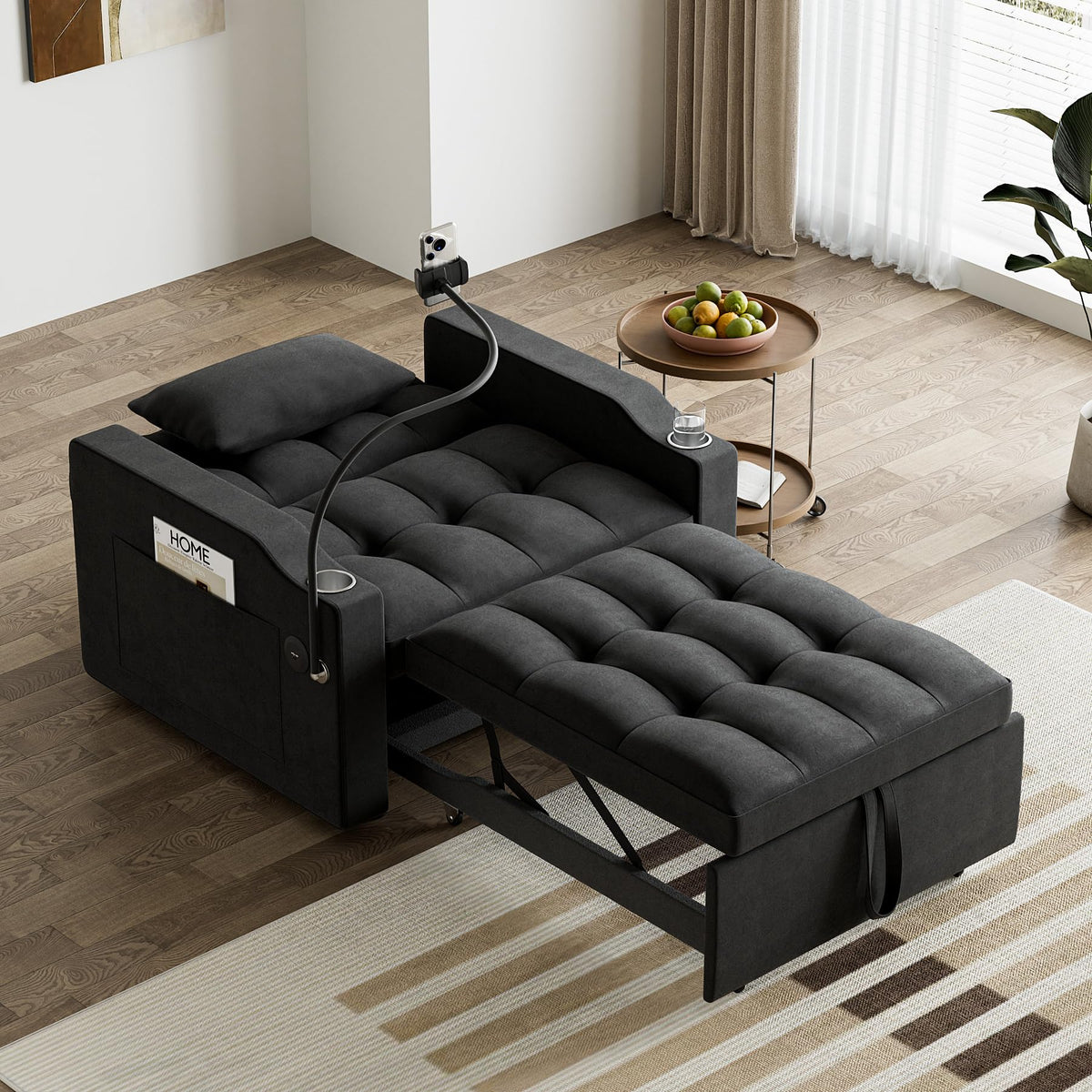 Wrofly 3 in 1 Single Sleeper Sofa Chair with Pullout Bed, Convertible Pull Out Couch with Adjustable Backrest, Modern Chaise Lounge with USB Port for Living Room, Small Spaces, Black Velvet