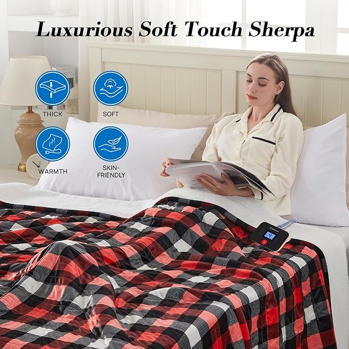 Westinghouse Twin Size Electric Blanket, Soft Flannel to Sherpa Heated Blanket with 10 Heating Levels & 1 to 12 Hours Heating Time Settings, Fast Heating Blanket, Red Plaid, 62x84 Inches