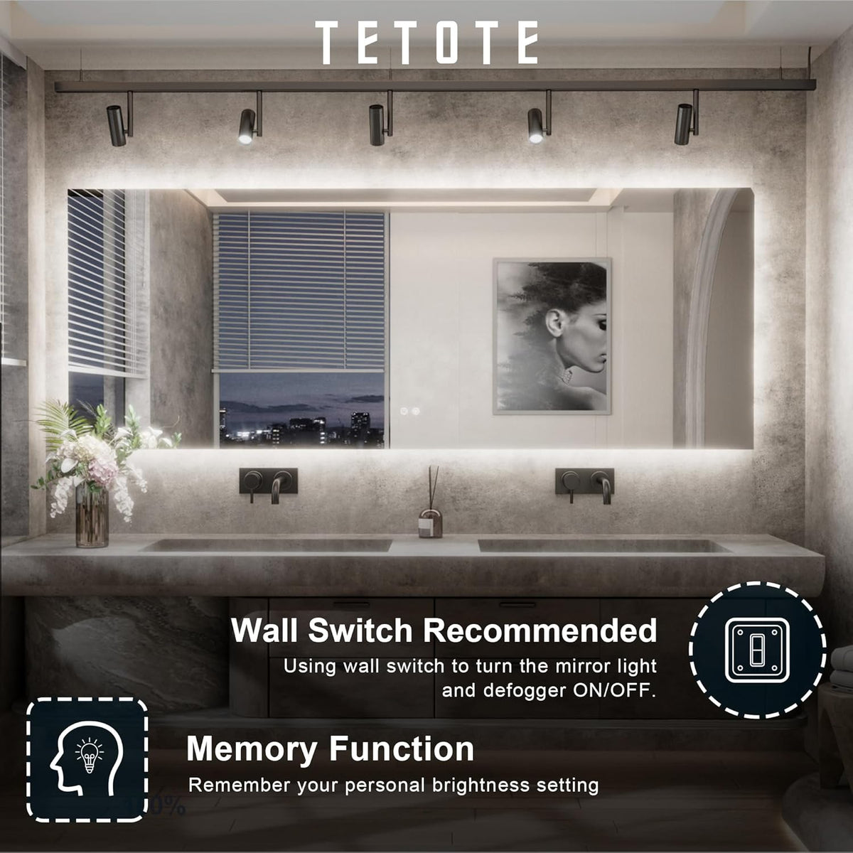 TETOTE 42 x 36 Inch LED Mirror Backlit Bathroom,Anti-Fog Mirror with Light,Dimmable,CRI90+,IP54 Water Proof,Wall Mounted Vanity Lighted,Horizontal/Vertical
