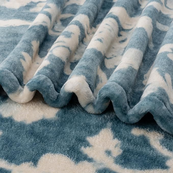 Berkshire Blanket-Classic Heavyweight Warm Soft Printed VelvetLoft® Plush Blanket, King Size Soft Fuzzy Blanket for Couch Sofa Bed, Floral Blue, 90in x 108in