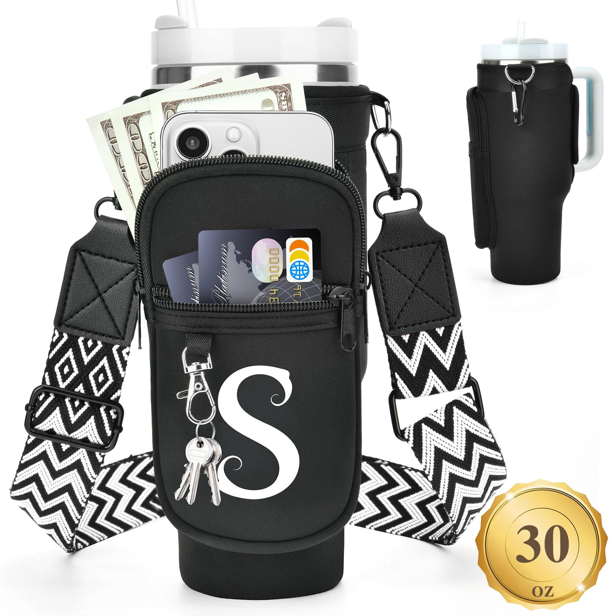 LOKASS Initial Water Bottle Holder with Upgrade Canvas Strap for Stanley 30 oz Tumbler, Gift for Mom Mother's Day Day gifts with Phone Pocket, Personalized Accessories for Stanley Cup, Black - S