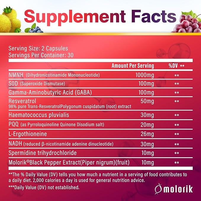 NMNH (Dihydronicotinamide Mononucleotide), 1000mg Per Serving NAD High Purity Supplement Alternative, Capsules Gluten Free, Non-GMO, for Anti-Aging, Energy, Focus - 057
