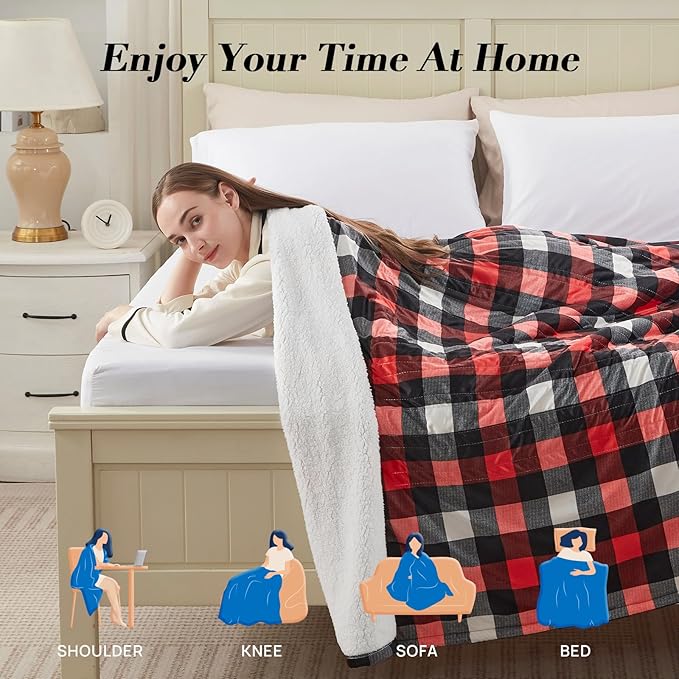 Westinghouse Twin Size Electric Blanket, Soft Flannel to Sherpa Heated Blanket with 10 Heating Levels & 1 to 12 Hours Heating Time Settings, Fast Heating Blanket, Red Plaid, 62x84 Inches