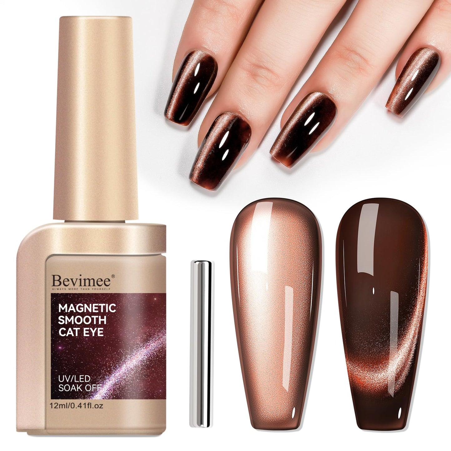 Bevimee Cat Eye Nail Polish Gel, Dark Brown, Moonlight Magnetic Gel Nail Polish With Magnet Stick, Glitter Holographic Shimmer UV Velvet Gel Nail Art Manicure Salon DIY Home, 12ML