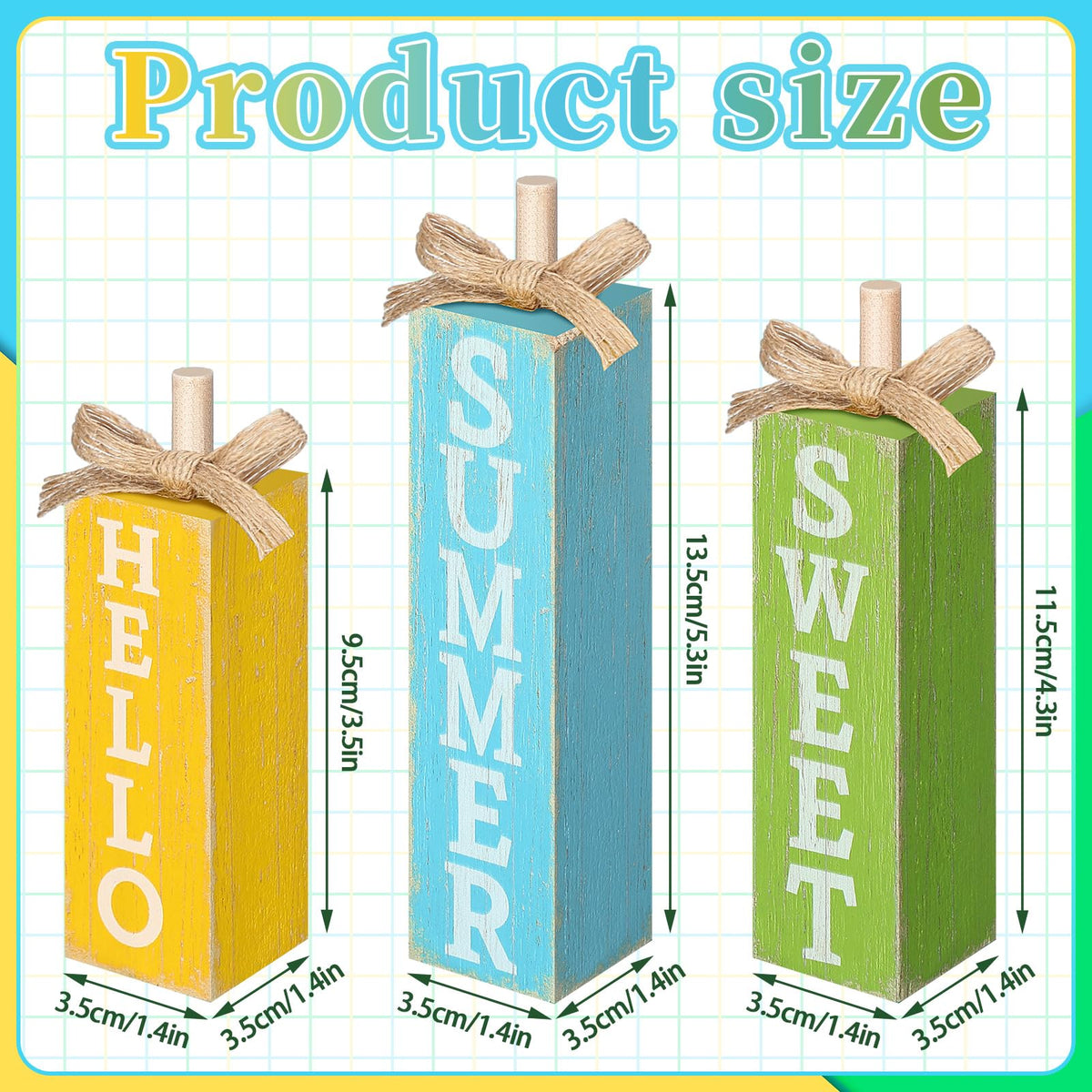 Seeloowy 3 Pcs Hello Sweet Summer Table Block Sign Hello Summer Tiered Tray Decor Rustic Farmhouse Wooden Tabletop Centerpieces for Home Kitchen Shelf Indoor Party Decorations