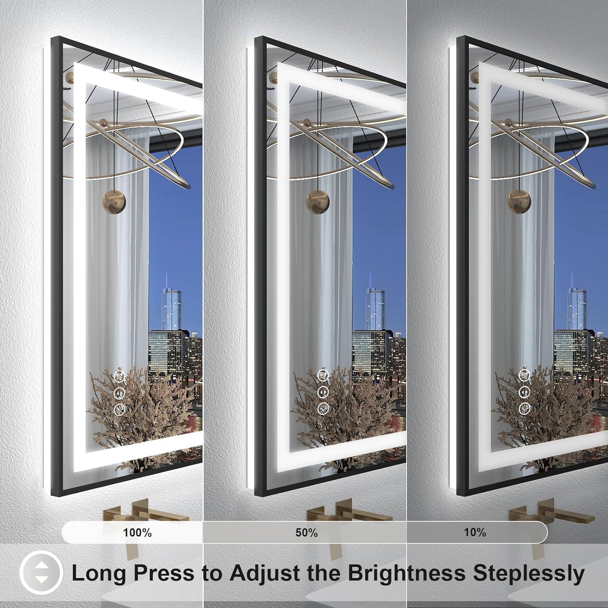 OKPAL 50x40 Black Lighted Mirrors for Bathroom Wall, Framed LED Bathroom Mirror, Defogger, Dimmable, Shatterproof, Memory, 3 Colors, ETL Listed (Front Light and Backlit)