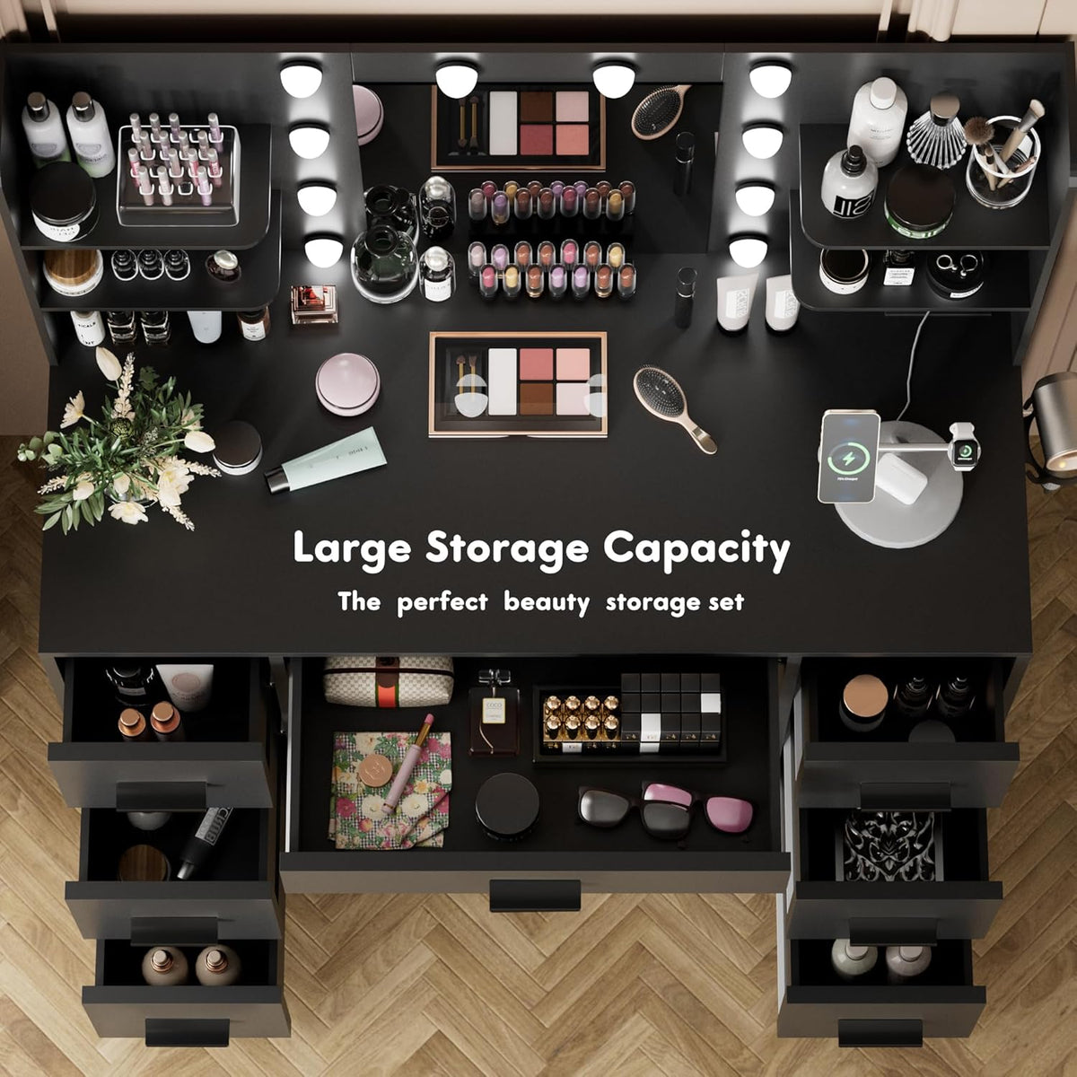 YESHOMY Vanity Desk with Mirror, Power Outlet and 10 Lights, Makeup Table with 7 Drawers, 3 Color Modes Available for Bedroom, Dark Black