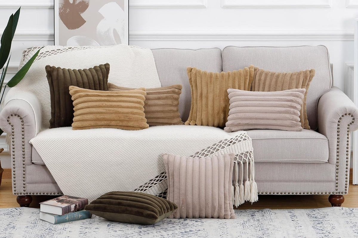 MADIZZ Set of 2 Faux Wool Plush Decorative Throw Pillow Covers 22x22 Inch Brown Fluffy Striped Soft Decorative Cushion Cover for Sofa Bedroom Pillow Shell