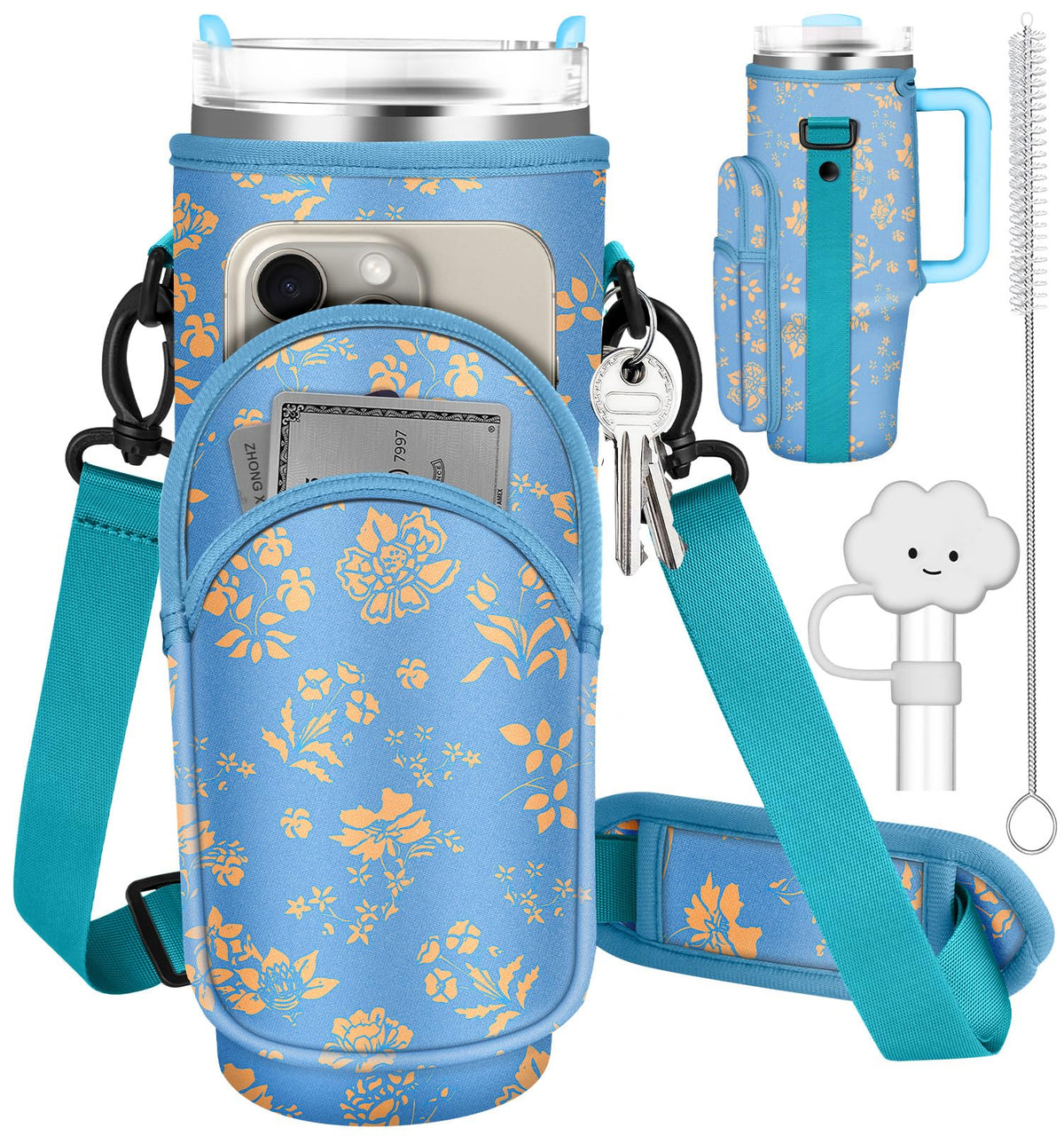 Toykee Water Bottle Holder Carrier Bag for Stanley 40 OZ Tumbler with Strap Phone Pocket, Blue Wrap Around Drink Cup Purse Pouch with Straw Cover Cleaner Brush Accessories Flower Print