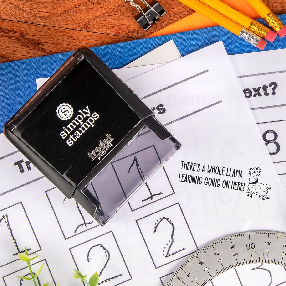 Whole Llama Learning Xtra Wide Self-Inking Stamps | 49 Classroom & Library Stamp Designs | Fun Phrases | Grading Made Easy
