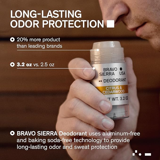 Aluminum-Free Deodorant for Men by Bravo Sierra, 3-Pack- Contains Natural Ingredients – Long Lasting All-Day Odor and Sweat Protection - Citrus and Cedarwood, 3.2 oz-Paraben-Free, Vegan & Cruelty-Free