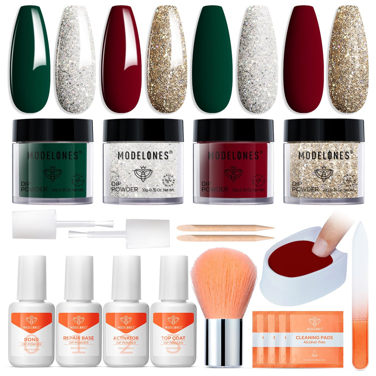 Modelones Christmas Dip Powder Nail Kit, 4 Colors Red Green Gold Glitter Dipping Starter Set with Liquid and Accessories for French Nails Art Salon DIY at Home Manicure