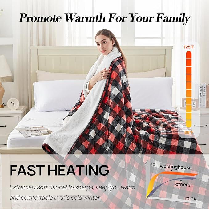Westinghouse Twin Size Electric Blanket, Soft Flannel to Sherpa Heated Blanket with 10 Heating Levels & 1 to 12 Hours Heating Time Settings, Fast Heating Blanket, Red Plaid, 62x84 Inches