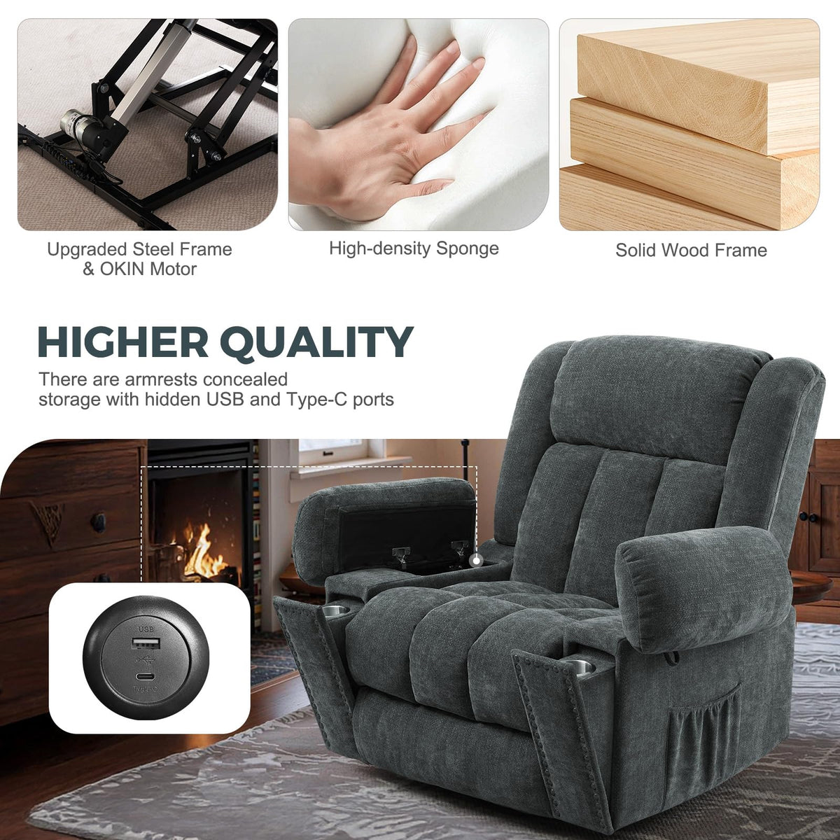 SENYUN Electric Power Lift Recliner Chair for Elderly with Heat & Massage, Chenille Large Reclining Chairs w/2 Concealed Cup Holders for Seniors Home Living Room,1PC,Grey Blue
