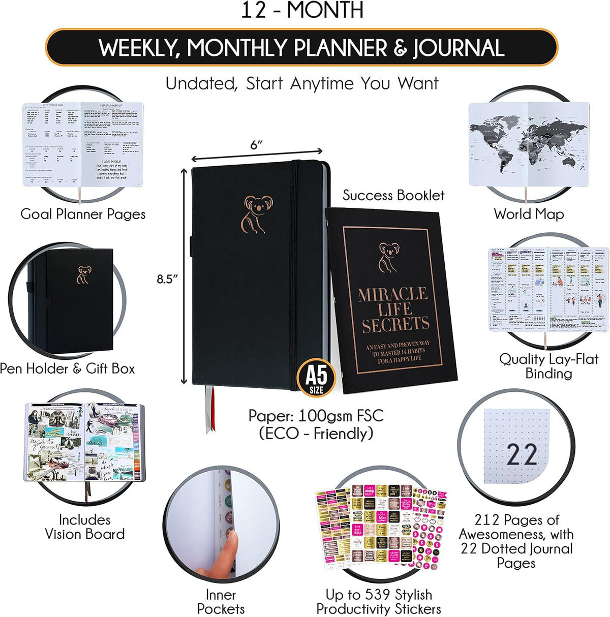 Life Planner - Gratitude Journal for Men & Women | Daily, Weekly & Monthly Planner with Budget Section, Time Blocking, Habit Tracker for Peace of Mind Planning to Increase Productivity & Happiness