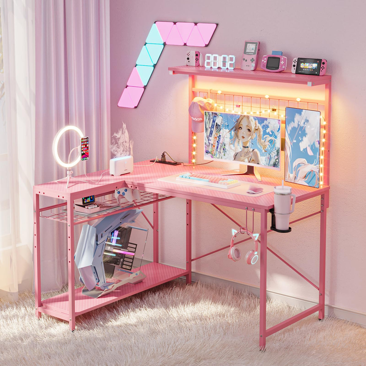 Bestier 42 L Gaming Desk,Computer Desk with Power Outlets, LED Lights, Reversible Corner Desk with 4-Tier Shelves,Cup Holder & Hook Carbon Fiber Pink