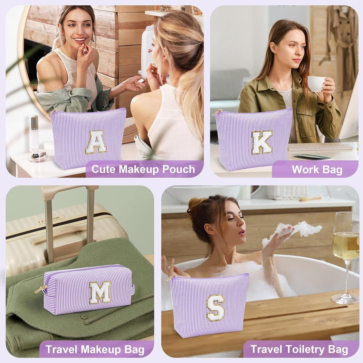 YOOLIFE Birthday Gifts for Women - Personalized Cute Purple Initial Cosmetic Makeup Pouch - Make Up Toiletry Bag for Her Mom Teacher Friend Girlfriend Wife - 21st Birthday Gifts F