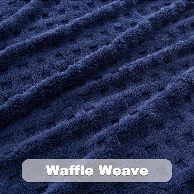 NEWCOSPLAY Super Soft Twin Blanket Navy Premium Silky Flannel Fleece 3D Waffle Checkered Lightweight Bed Blanket All Season Use (Dark Navy, Twin(60"x80"))