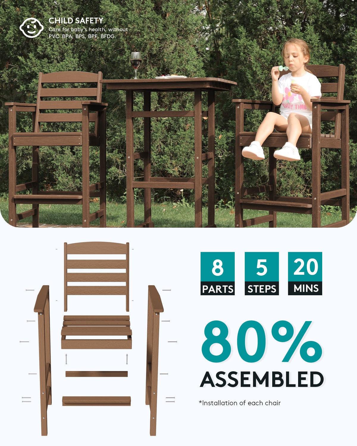 SERWALL Tall Adirondack Chairs Set of 2, Balcony Adirondack Chairs Set, Outdoor Bar Height Barstools Chair Set for Bistro, Poolside, Garden, Brown