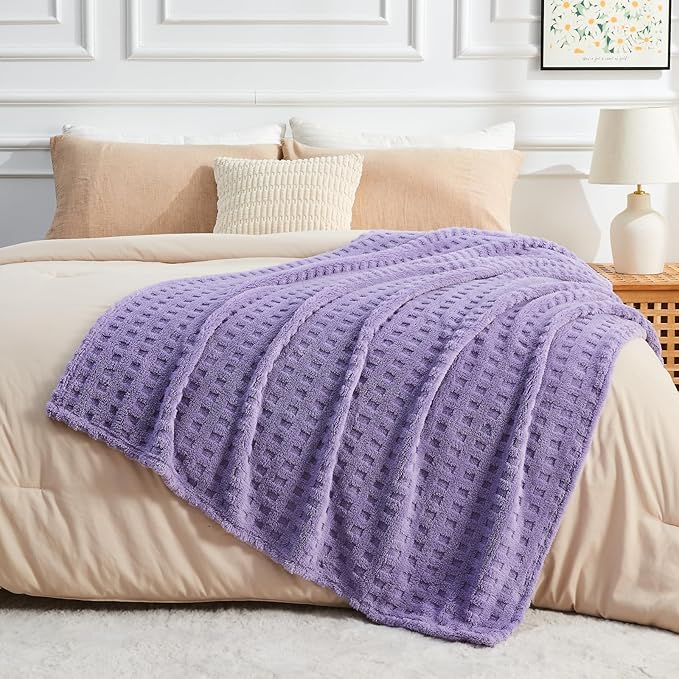 NEWCOSPLAY Super Soft Throw Blanket Lavender Premium Silky Flannel Fleece 3D Waffle Checkered Lightweight Bed Blanket All Season Use (Lavender, Throw(50"x70"))