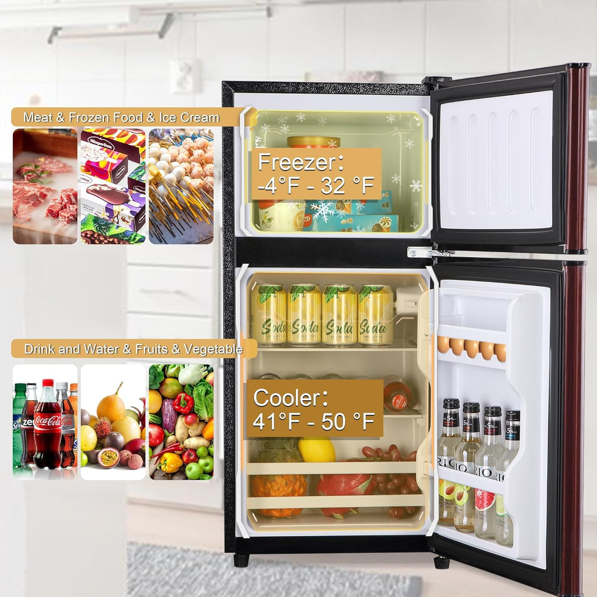 Mini Fridge with Freezer, 3.2 Cu. Ft. Small Fridges with Freezer, Refrigerators Adjustable Thermostat, Apartment Size Refrigerator with Freezers for Office, Apartment, Dorm, Kitchen, Wood