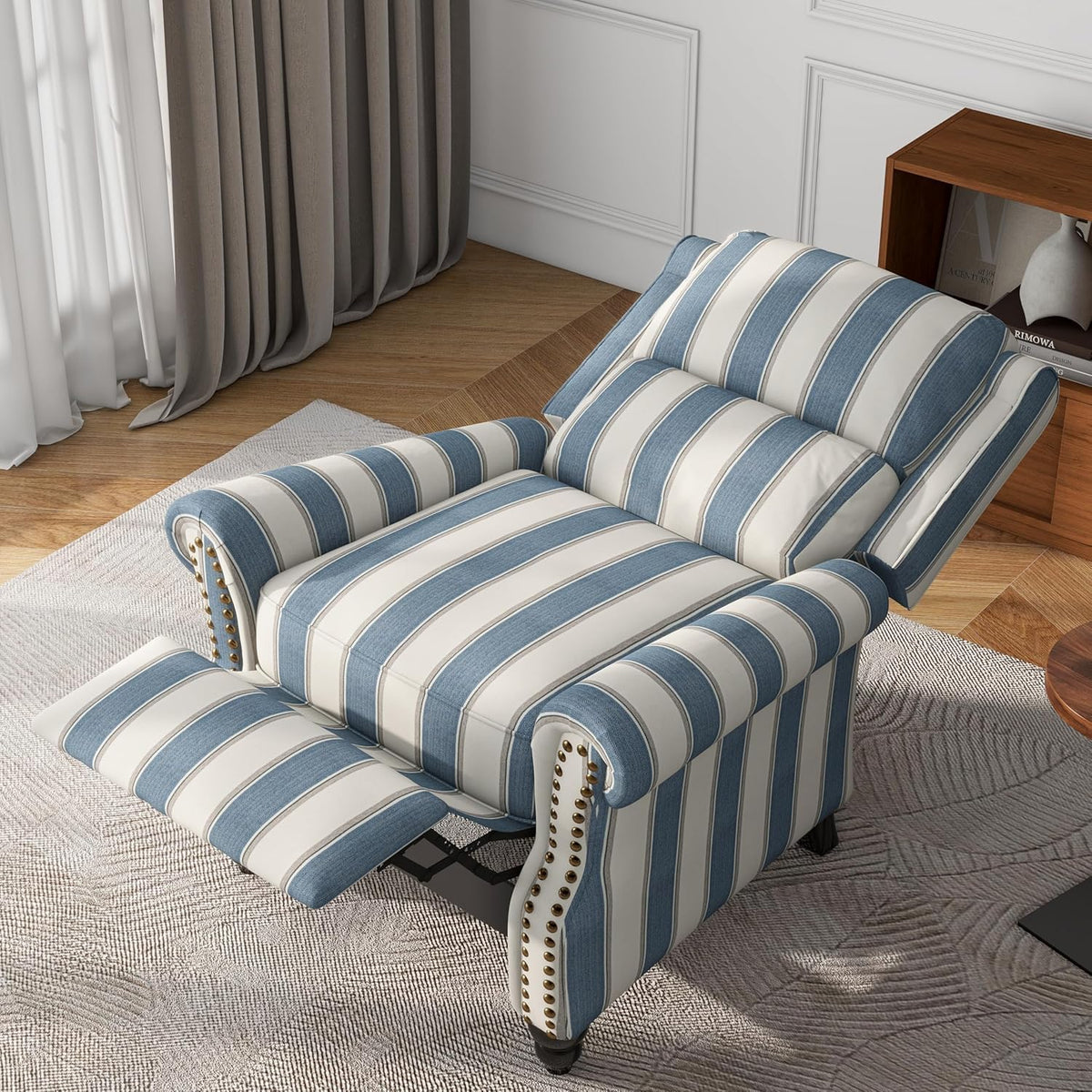 UIXE Pushback Recliner Chairs Set of 2, Fabric Armchair Push Back Accent Chair for Living Room, Rivet Trim Club Chair Overstuffed Home Theater Bedroom Reading Seat - Strip Navy
