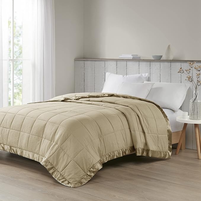 Madison Park Cambria Down Alternative Blanket, Premium 3M Scotchgard Moisture Wicking Treatment, Lightweight and Soft Bed Cover For Summer with Satin Trim, Oversized King Taupe