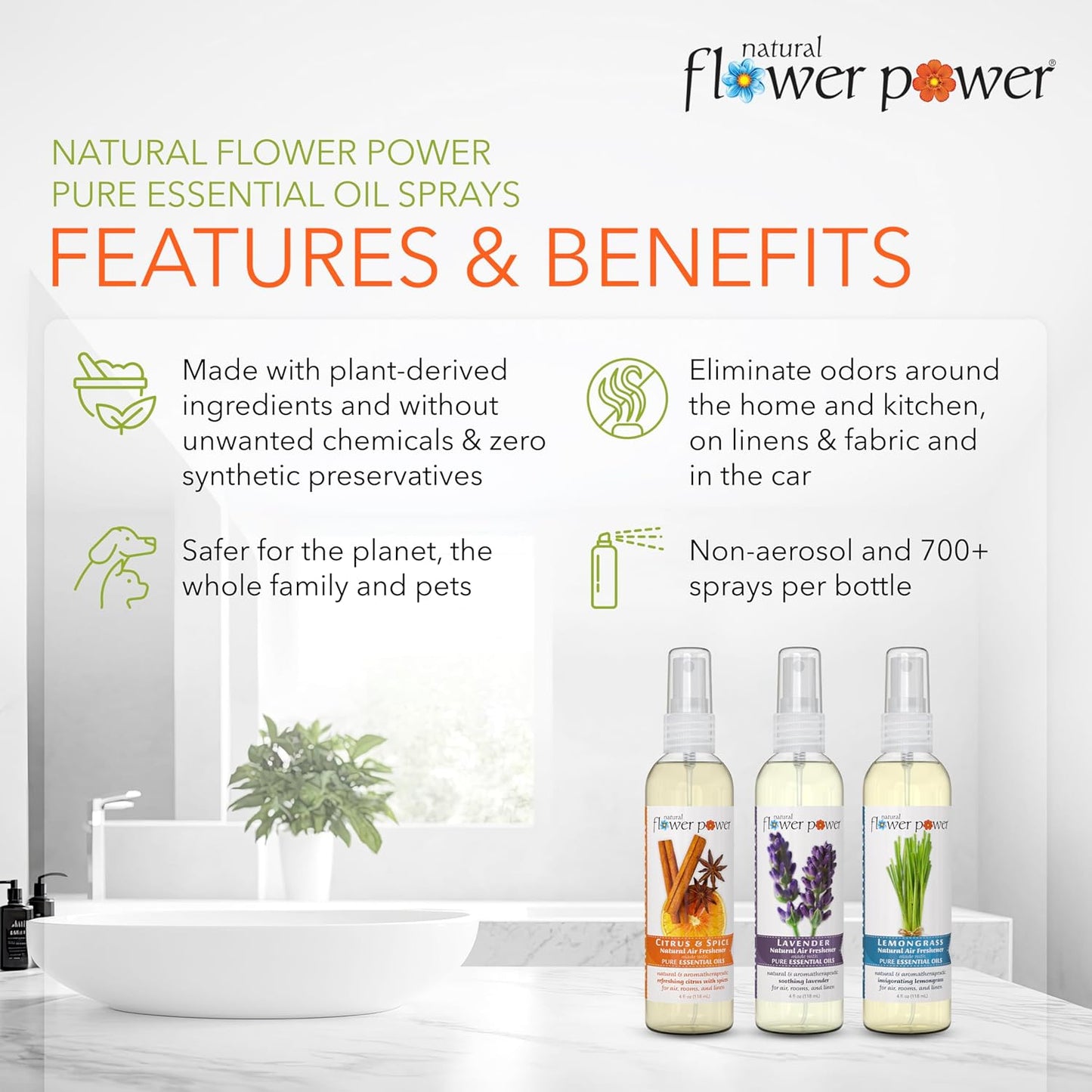 Air Freshener Spray - Odor Eliminator with Essential Oils for Home, Car & Fabric - Cruelty Free & Vegan - Variety Pack - Citrus & Spice + Lavender + Lemongrass - 3 x 4 fl oz