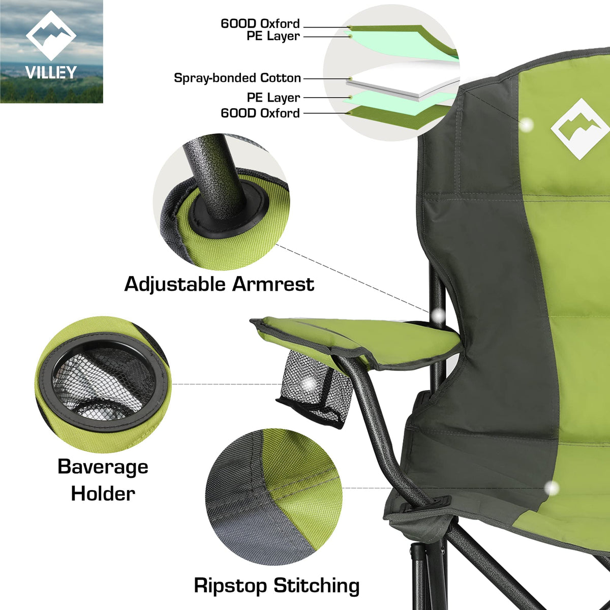 VILLEY Camping Chair, Oversized Folding Camp Chair, Portable Outdoor Chairs Support 400 LBS with Padded Seats, Cooler Bag, Cup Holder, Carry Bag, Green