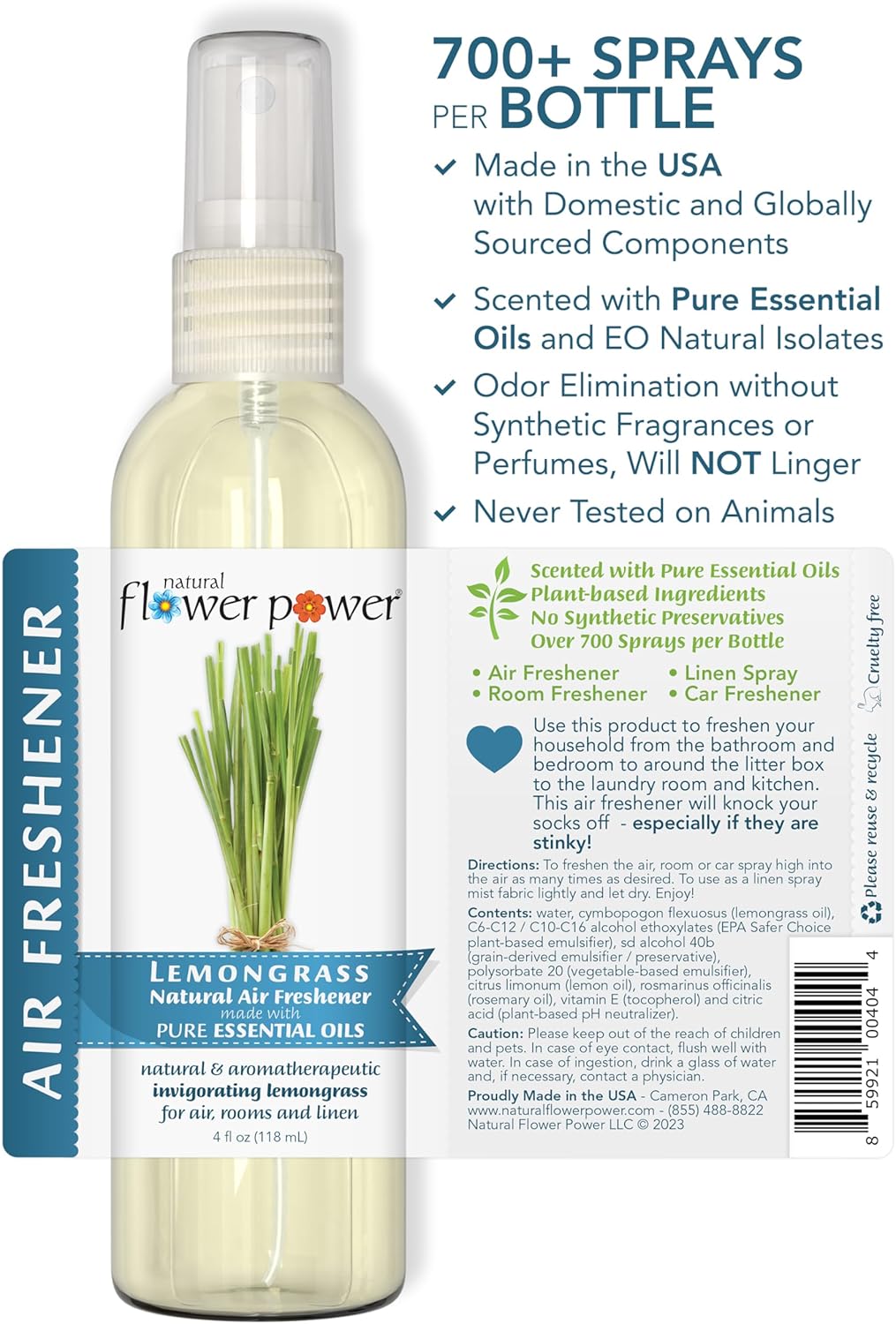 Air Freshener Spray - Odor Eliminator with Essential Oils for the Home, Car & Fabric - Cruelty Free & Vegan - Lemongrass - 2 x 4 oz