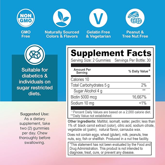 Yum-Vs - High Potency Biotin Gummies 5,000mcg Sugar Free Biotin Vitamins for Hair, Skin & Nails - B7 Biotin Hair Growth Gummy for Women & Men - Zero Sugar Raspberry Flavor Hair Skin Nails Gummies (60)