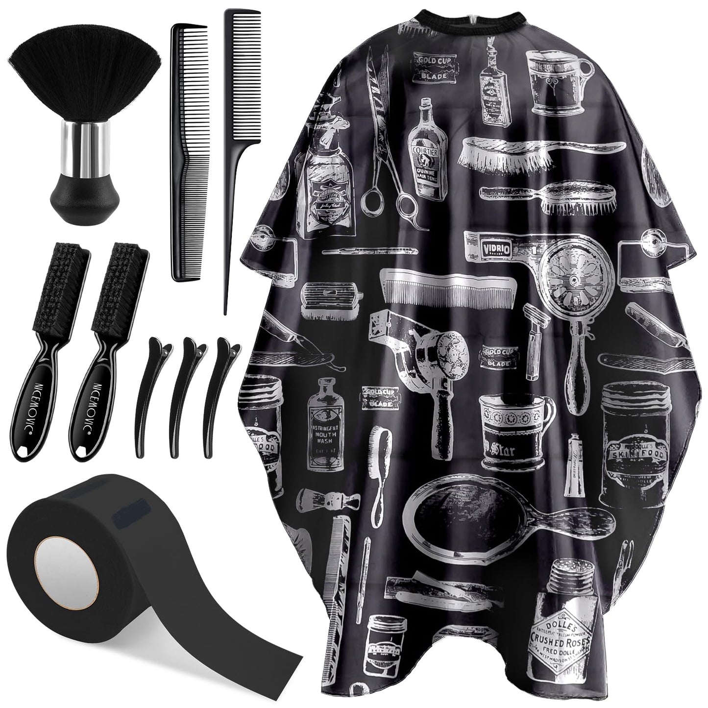 NICEMOVIC 10 in 1 Hair Cutting Barber Cape with Neck Duster Brush Barber Brush Neck Strips Hair Combs Hair Clips, Professional Barber Accessories Cleaning Supplies for Salon Haircut Styling
