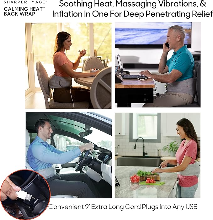 Calming Heat Back Wrap by Sharper Image- Electric Back Heating Pad with Customizable Inflatable Lumbar Support, Soothing Heat, & Massaging Vibrations- 9 Settings 3 Heat, 3 Vibration, 3 Lumbar