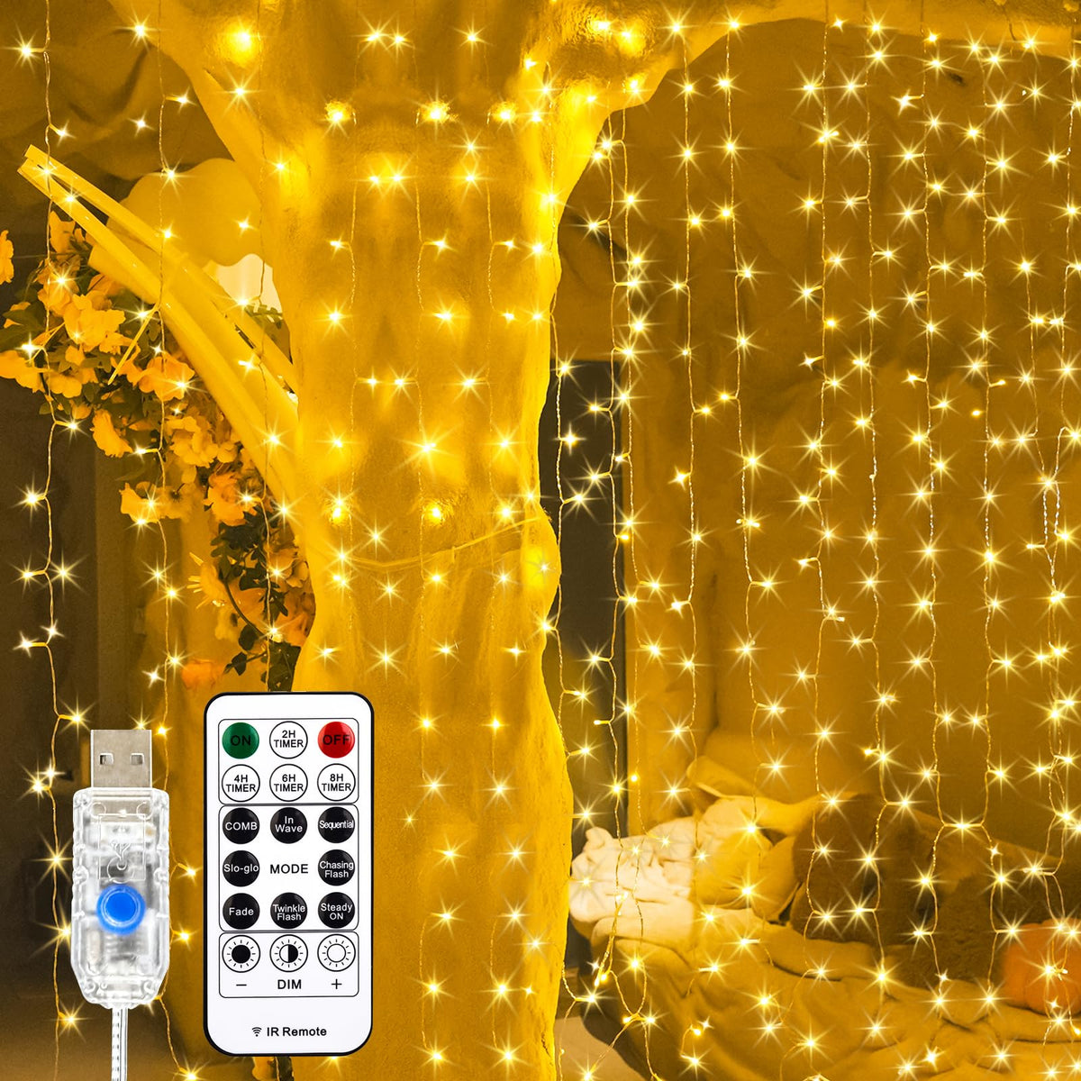 SINAMER Curtain Light for Bedroom, 200LED 6.6x6.6ft Warm White Window Wall Hanging Fairy Curtain String Light, 8 Modes Remote Fairy String Lights Indoor for Wedding Party Home Garden Decorations