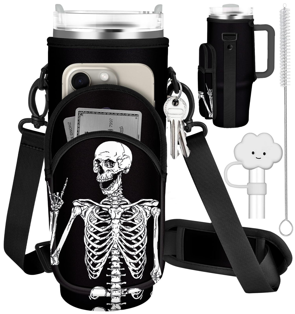 Toykee Water Bottle Holder Carrier Bag for Stanley 40 OZ Tumbler with Strap Phone Pocket, Black Wrap Around Drink Cup Purse Pouch with Straw Cover Cleaner Brush Accessories Skeleton Print