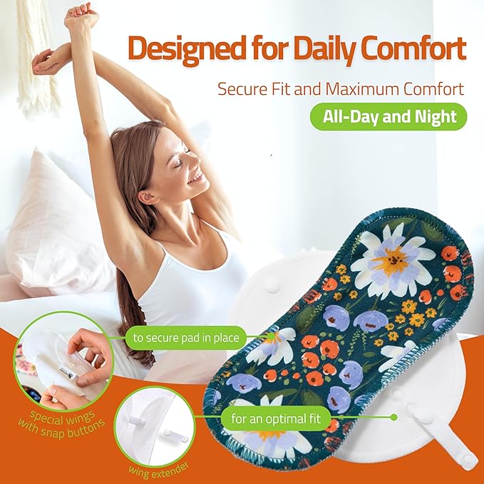 Organic Cotton EcoComfort Reusable Panty Liners for Women & Teens (Medium, 7-Pack); High-Temp Washable Cloth Liners; Stay Fresh & Dry, for Daily Vaginal Discharge Only; 100% Breathable (no PUL/TPU)