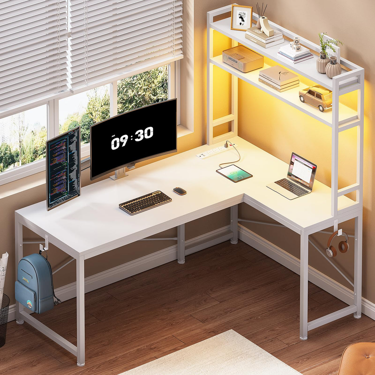 SEDETA White Corner Desk, Reversible 45.3” Small Computer Desk with Power Outlet and LED Lights, Corner Computer Desk with Hutch, Storage Shelves and Hooks for Small Space
