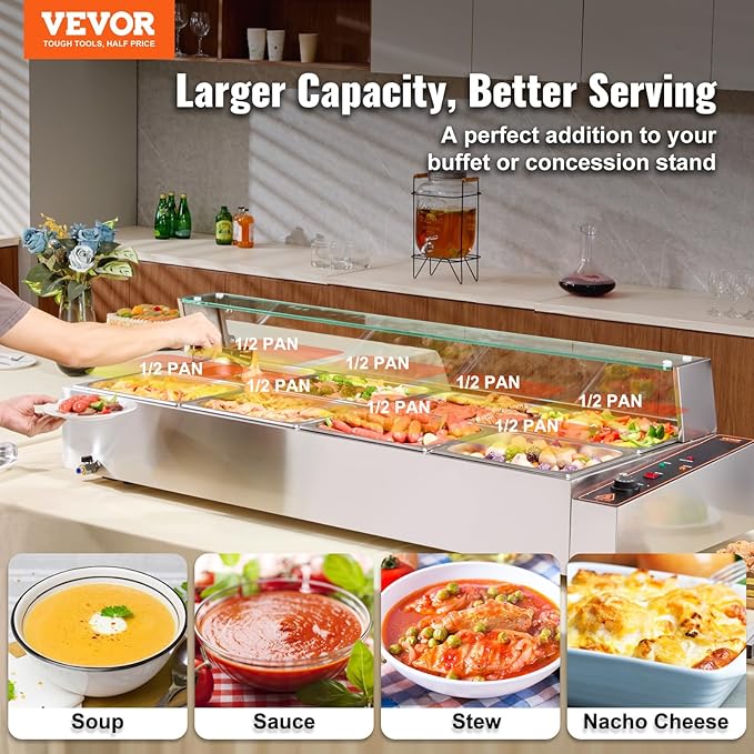 VEVOR 8-Pan Commercial Food Warmer, 8 x 12QT Electric Steam Table with Glass Cover, 1700W Countertop Stainless Steel Buffet Bain Marie 86-185°F Temp Control for Catering, Restaurants, Silver
