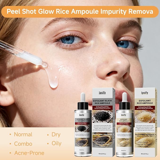 Peel Shot Glow Rice Ampoule, Black and White Rice Exfoliant for Face and Body, Rice Exfoliator for Faces Dead Skin Cells Remover, Face Peel Shot Serum for Softens Cuticle