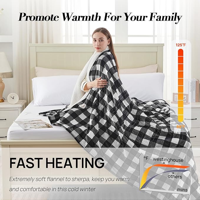 Westinghouse Twin Size Electric Blanket, Soft Flannel to Sherpa Heated Blanket with 10 Heating Levels & 1 to 12 Hours Heating Time Settings, Fast Heating Blanket, Black Plaid, 62x84 Inches