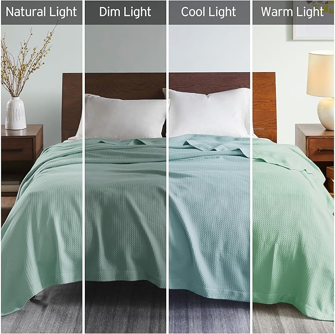 Madison Park Soft Certified 100% Egyptian Cotton Breathable Cozy Blanket, Premium Waffle Knit Classic Design, Luxury All Season Lightweight Cover for Bed, Couch and Sofa, Seafoam King(108"x90")