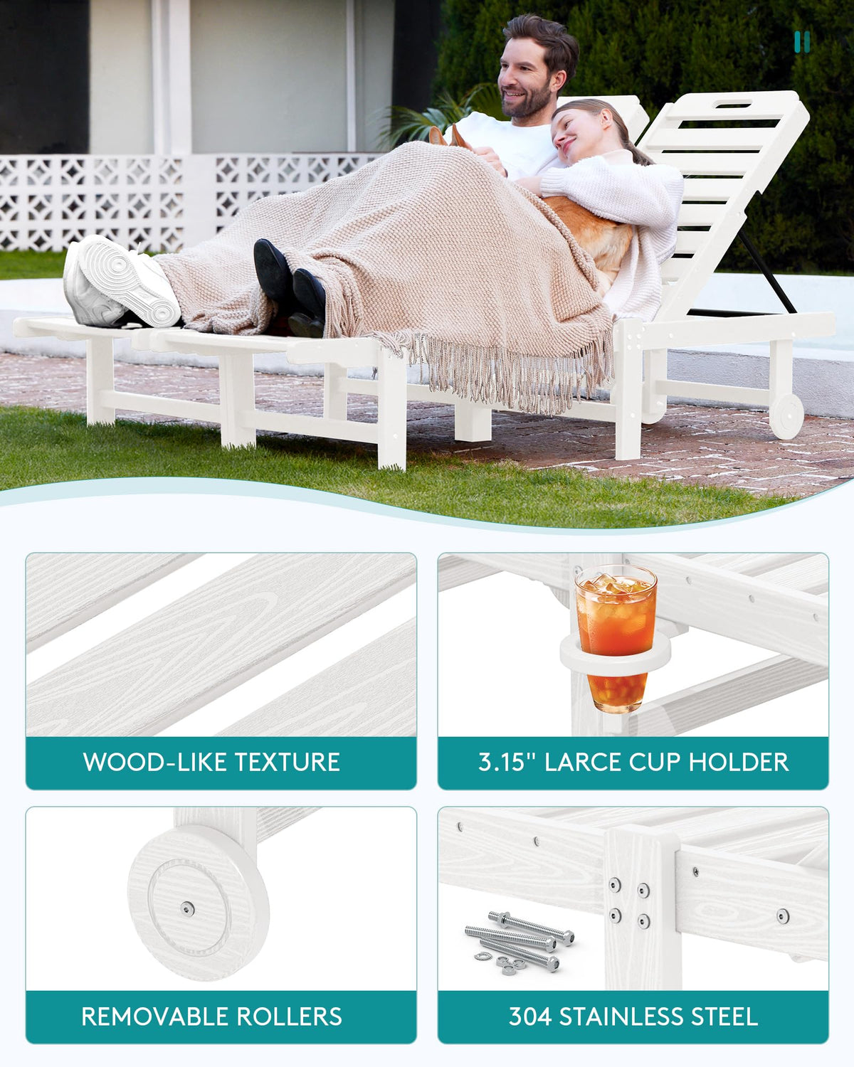 SERWALL Patio Chaise Lounge Set of 2, HDPE Outdoor Lounge Chair with Cup Holder, 5 Positions Adjustable Pool Lounge Chair with Rolling Wheels for Poolside, Deck, Sunbathing, White